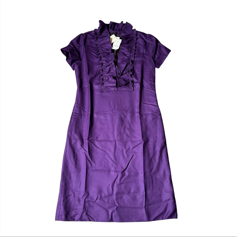 J Crew Women's Size 0P Dress‎ Wool Blend Purple Ruffle Collar Short Sleeve Shift